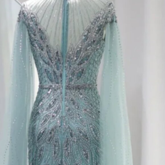 Luxury Blue Mermaid Evening Dress with Cape Sleeves - Picture 3 of 7